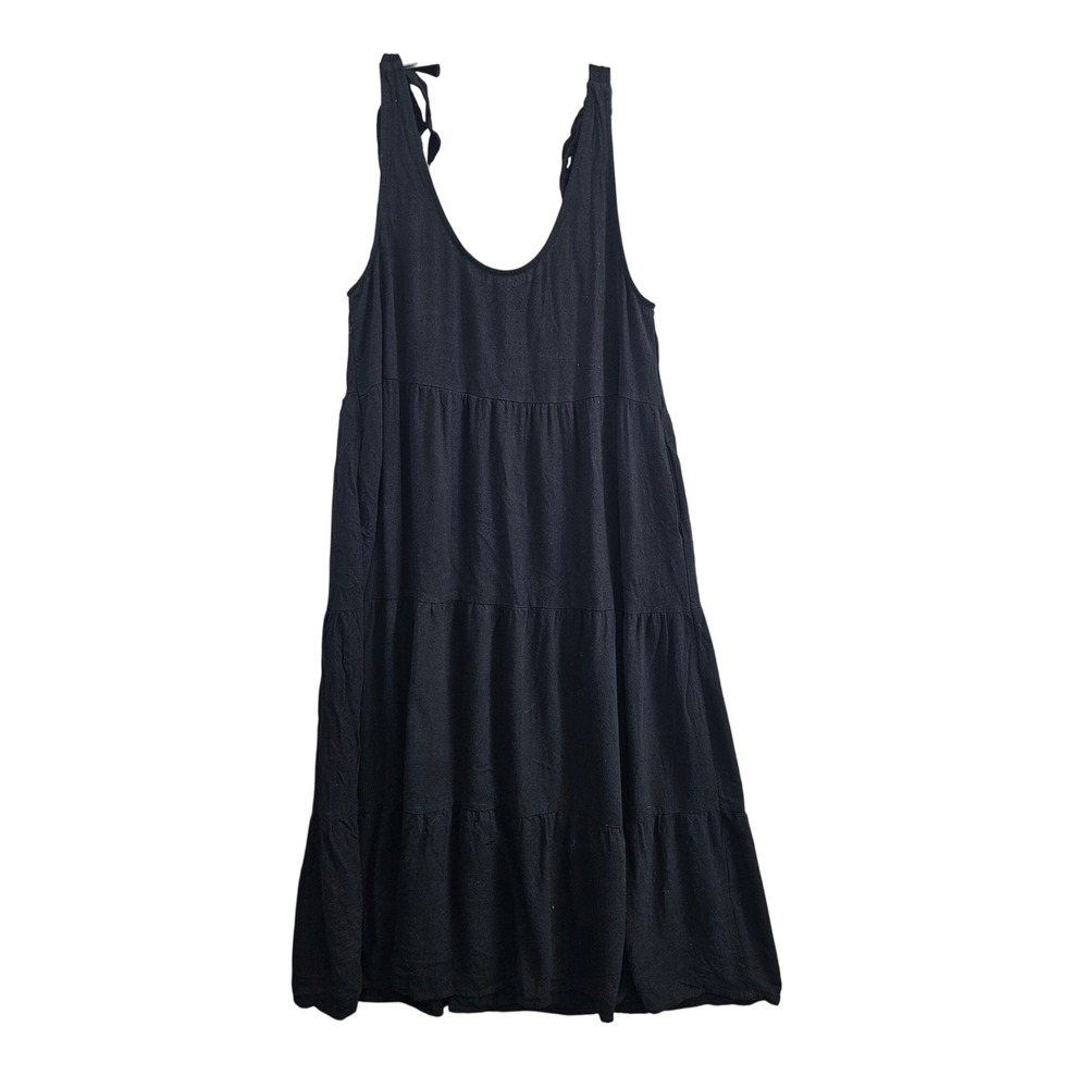 Petal and Pup Tiered Midi Dress Womens Size L Black 100% Linen Tie Strap Pockets